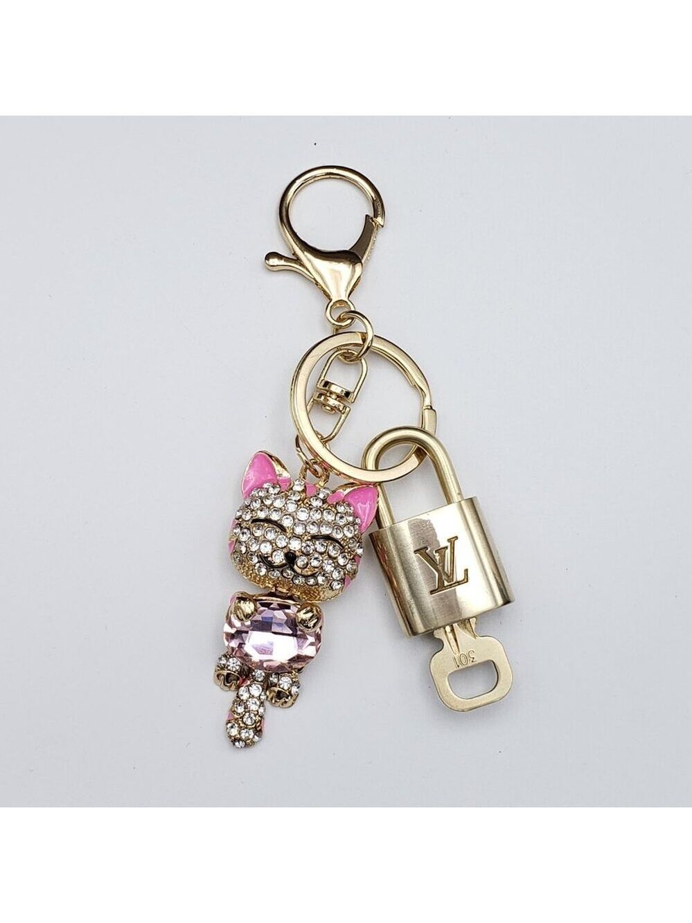 Authentic LV Gold Padlock & Key 🔑 Designer Bag Charm w/ Unbranded Cat Keychain - Picture 2 of 12